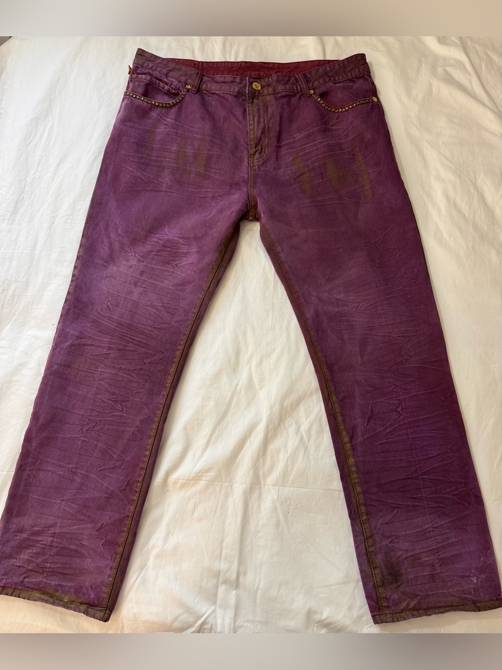 Robin's Jean Men's Burgundy Gold Acid Wash Tie Dye Straight Studded Jeans Sz 42